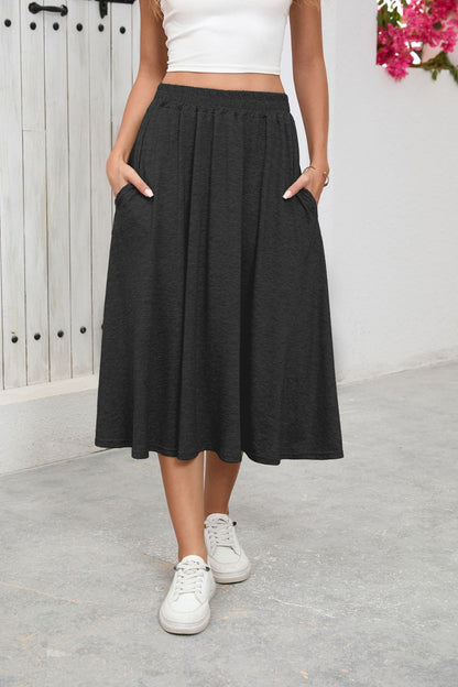Solid Knit Midi Skirt High Waist A Line Elastic Work