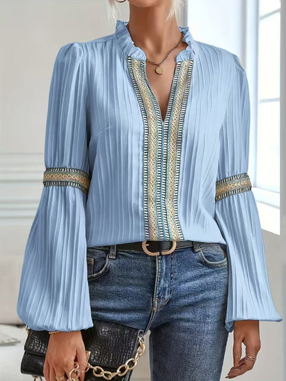Lace Trim V Neck Blouse Lantern Sleeve Elegant Top