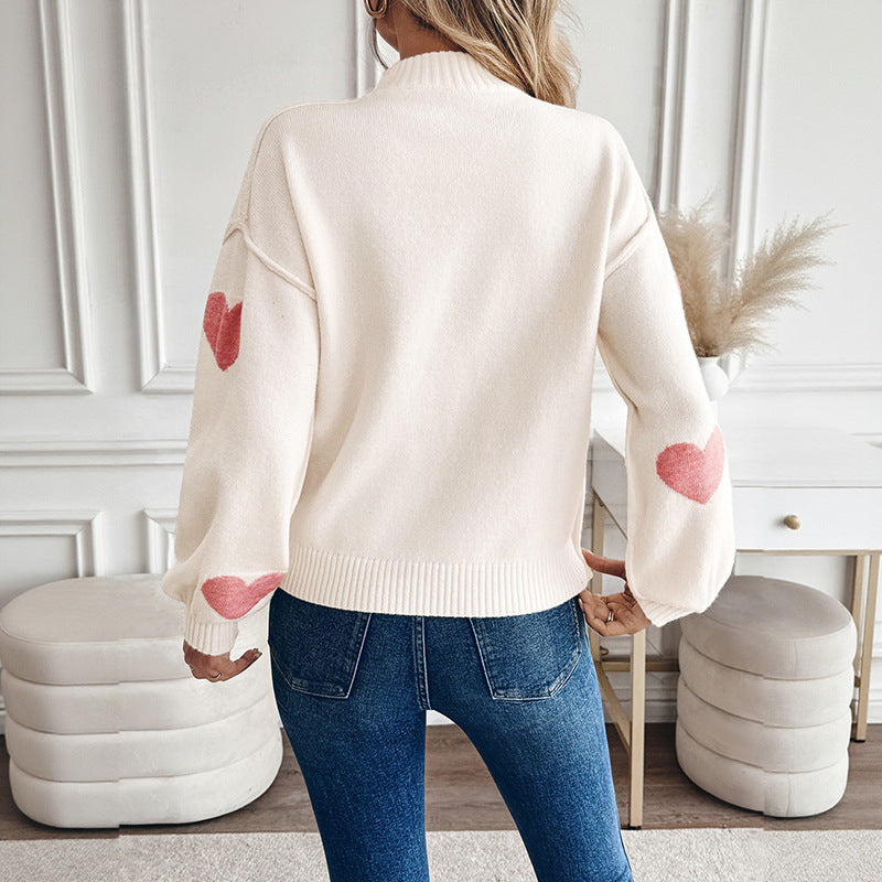 Heart Pattern Mock Neck Oversized Knit Sweater