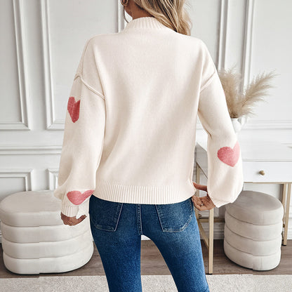 Heart Pattern Mock Neck Oversized Knit Sweater