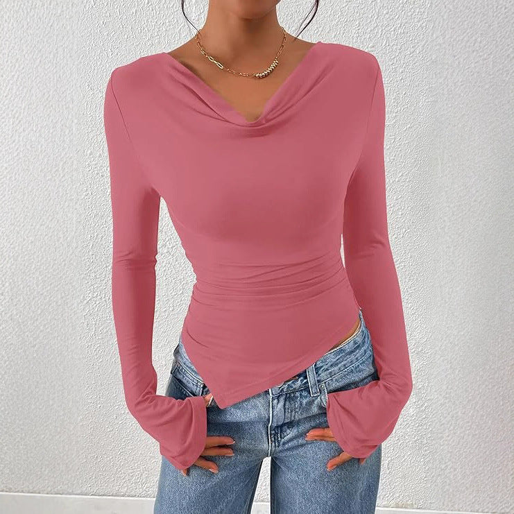 Women's Cowl Neck Long Sleeve Asymmetric Fitted Top