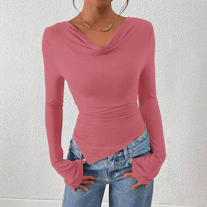 Women's Cowl Neck Long Sleeve Asymmetric Fitted Top
