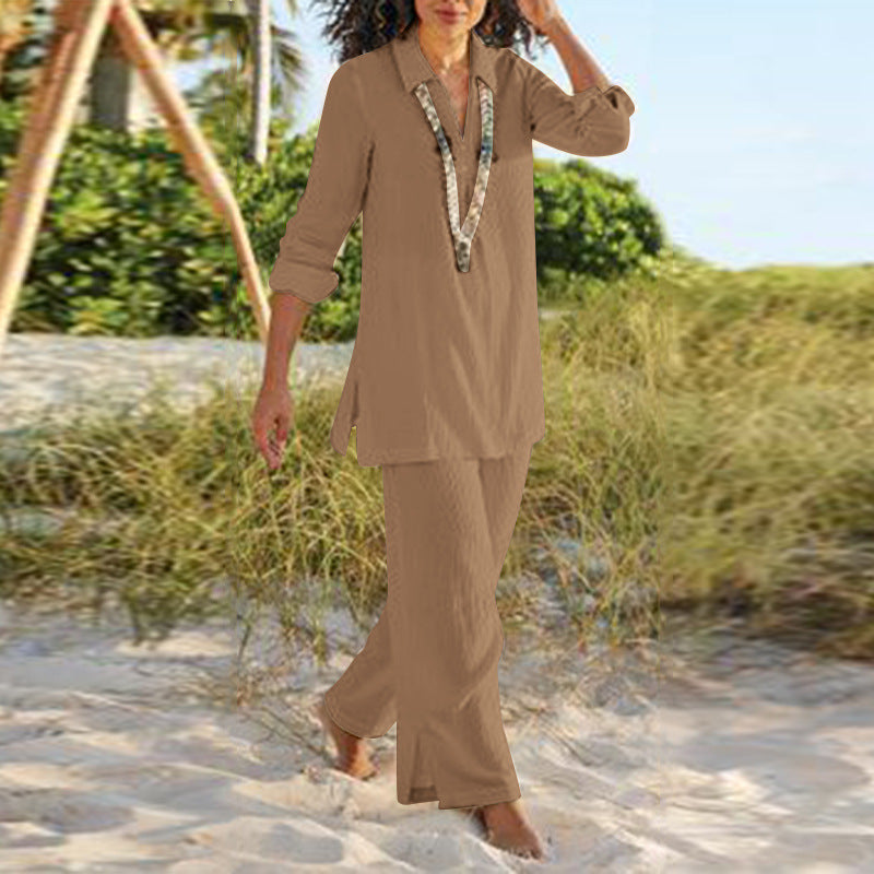 Women's Plus Size Cotton Linen Two Piece Pants Set