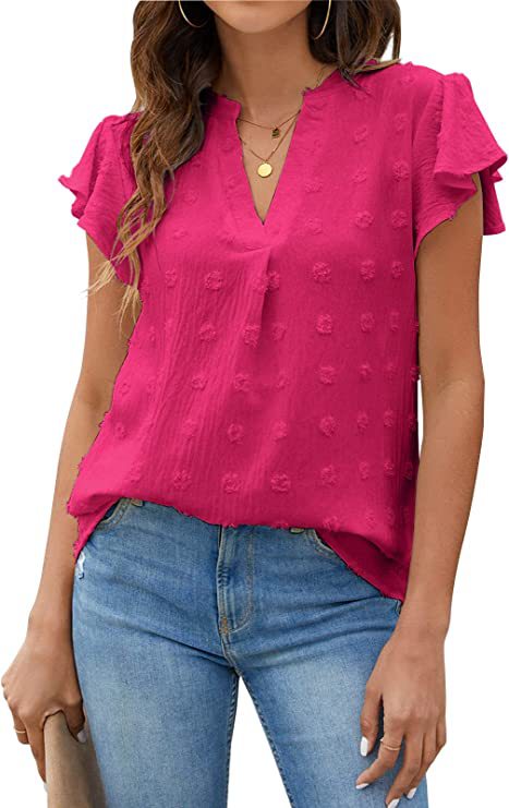 Women's V-Neck Pleated Sleeve Top with Pom Poms - Perfect for Summer