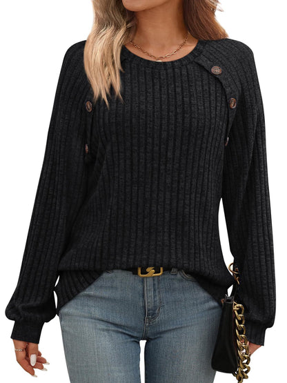 Ribbed Knit Crewneck Sweatshirt with Button Detail