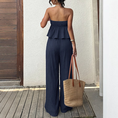 Navy Strapless Ruffle Top & Wide Leg Pants Two Piece Set