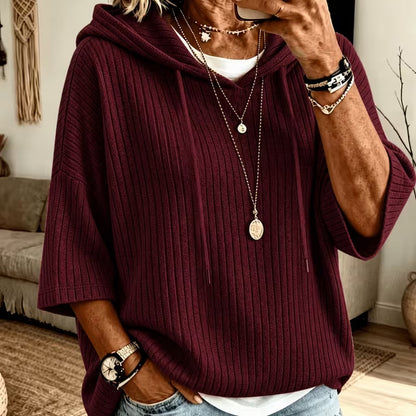Oversized Ribbed Half Sleeve Hoodie Tunic Pullover Top