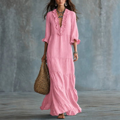 Women's Boho Tiered Ruffle Maxi Dress V-Neck 3/4 Sleeve