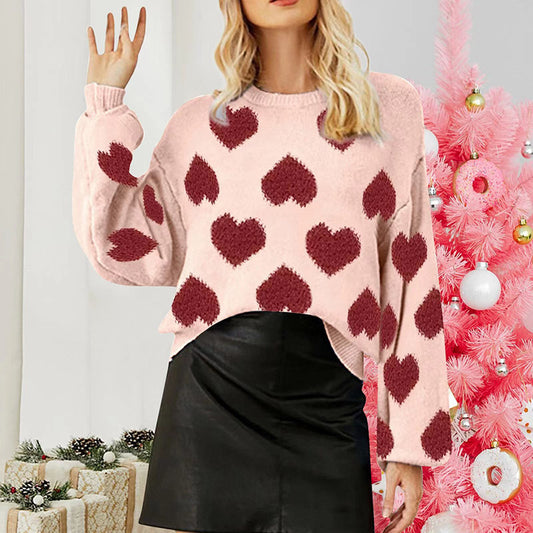 Valentine Heart Pattern Knit Pullover Sweater for Women