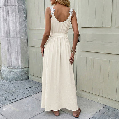 Spaghetti Strap Maxi Dress Summer Floral Tie-Waist