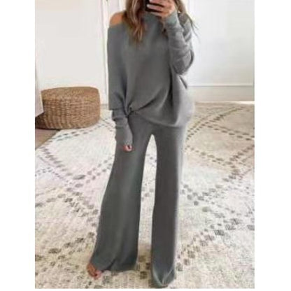 Womens Cozy Off Shoulder Sweater Set Wide Leg Pants