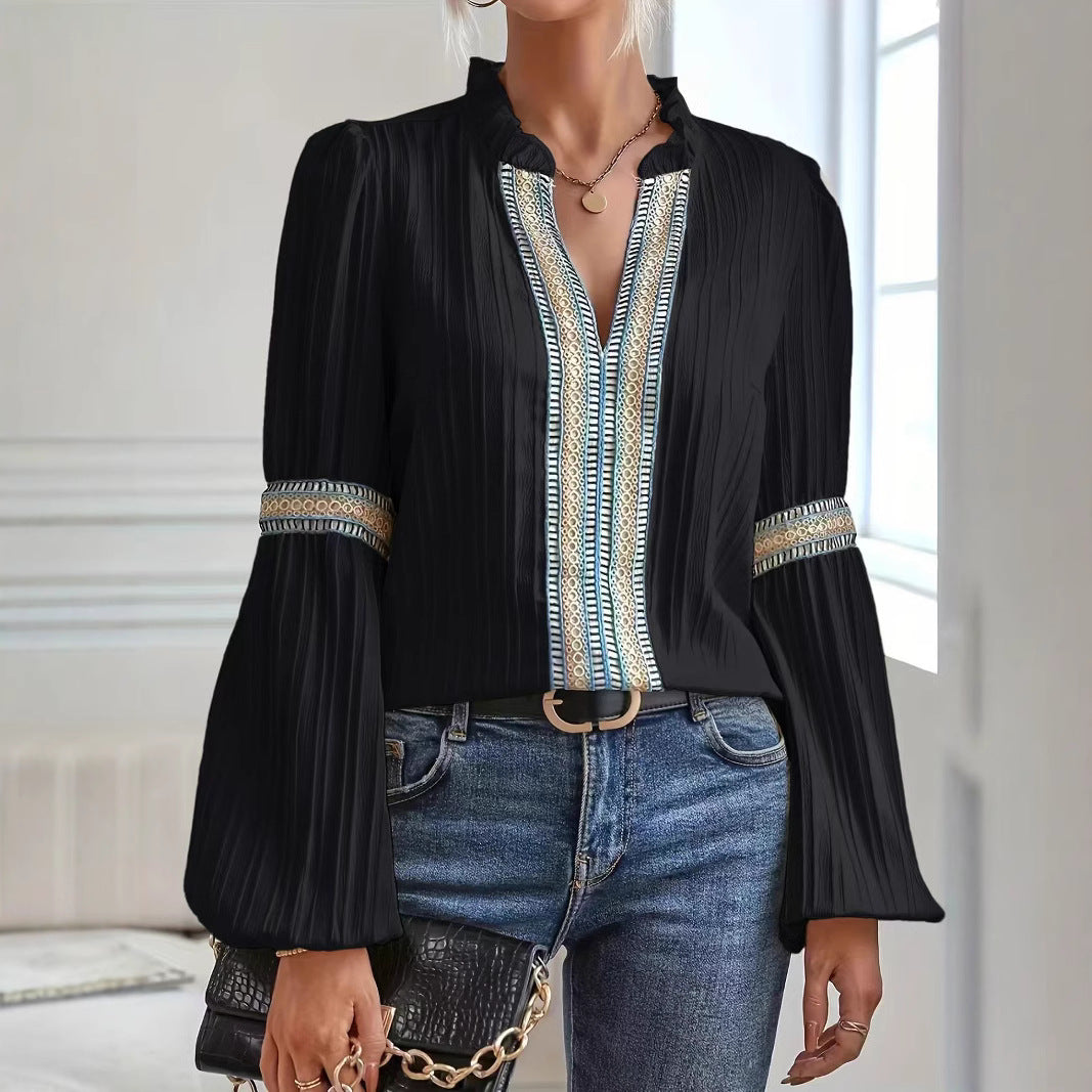 Lace Trim V Neck Blouse Lantern Sleeve Elegant Top