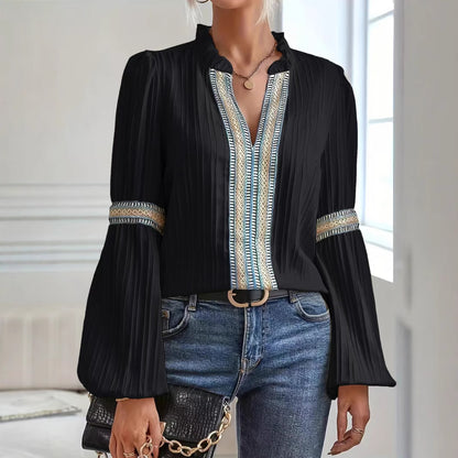 Lace Trim V Neck Blouse Lantern Sleeve Elegant Top