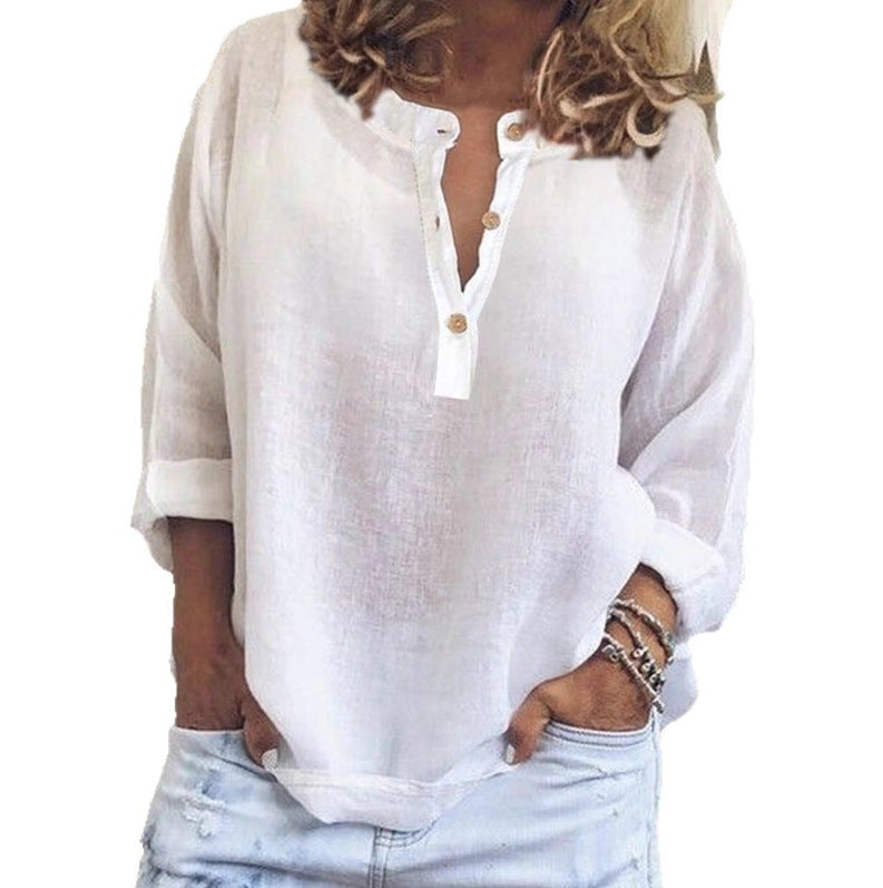 Women's Oversized Linen Blend Henley Shirt Long Sleeve