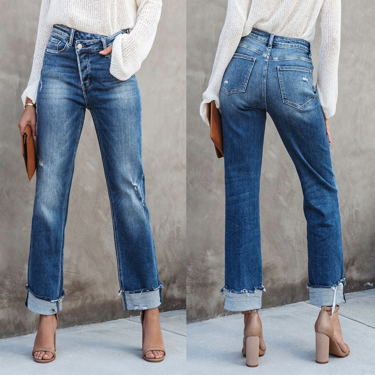 Women's Straight Leg Jeans Mid Rise Distressed Denim