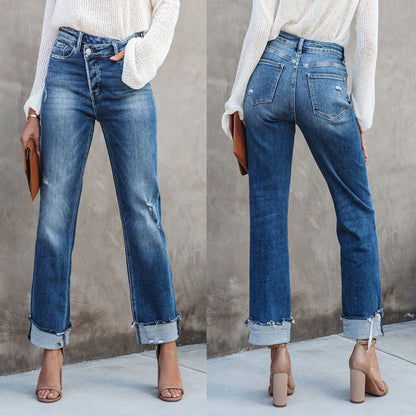Women's Straight Leg Jeans Mid Rise Distressed Denim