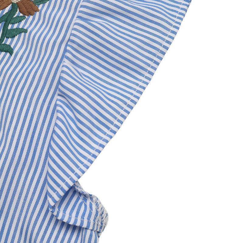 Striped Embroidered Ruffle Sleeve Button Down Blouse