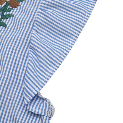 Striped Embroidered Ruffle Sleeve Button Down Blouse