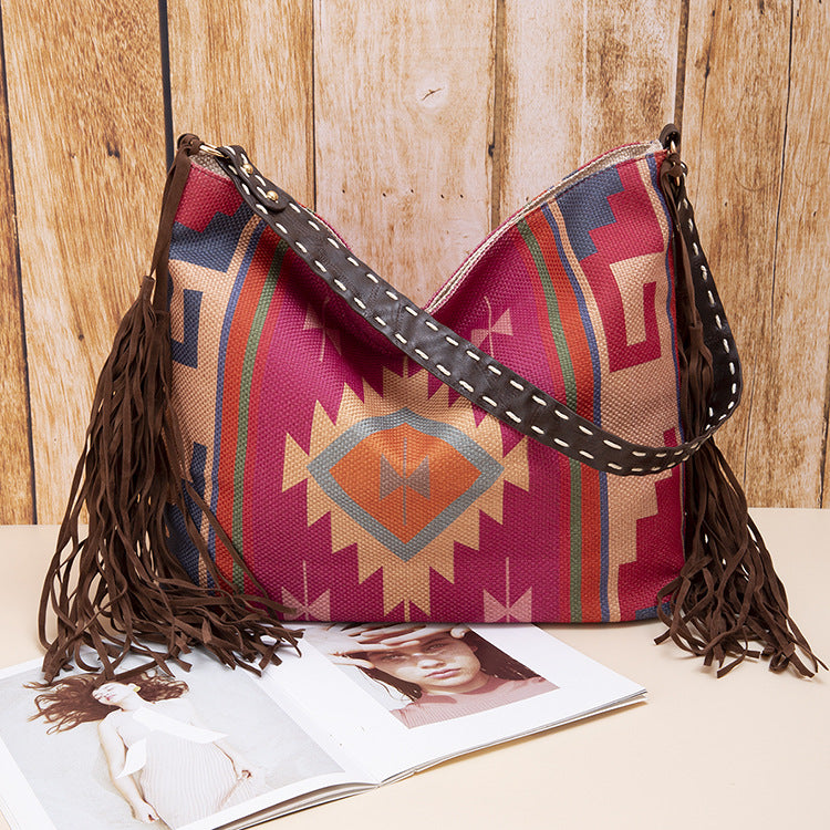 Boho Woven Canvas Tassel Shoulder Bag for Women