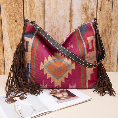 Boho Woven Canvas Tassel Shoulder Bag for Women