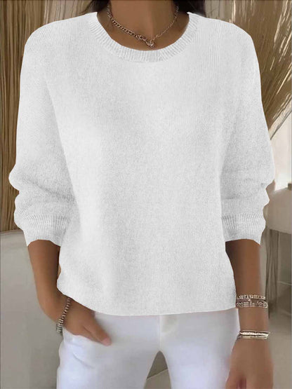 Solid Crew Neck Knit Sweater Long Sleeve Pullover Top