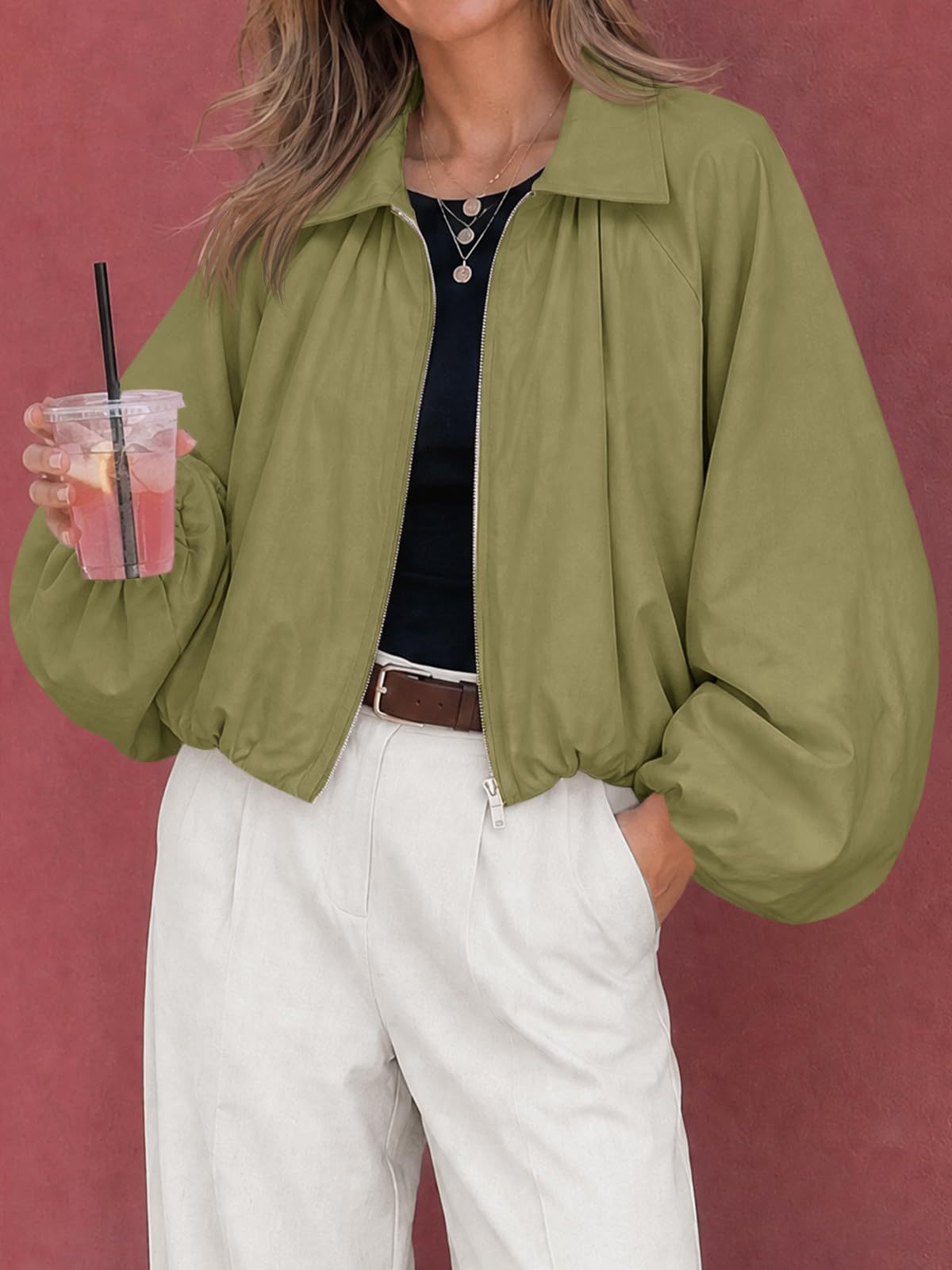 Women's Oversized Zip Up Cropped Jacket Puff Sleeve