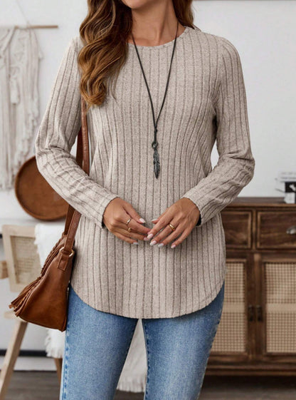 Women's Ribbed Crew Neck Button Back Long Sleeve Tunic Top