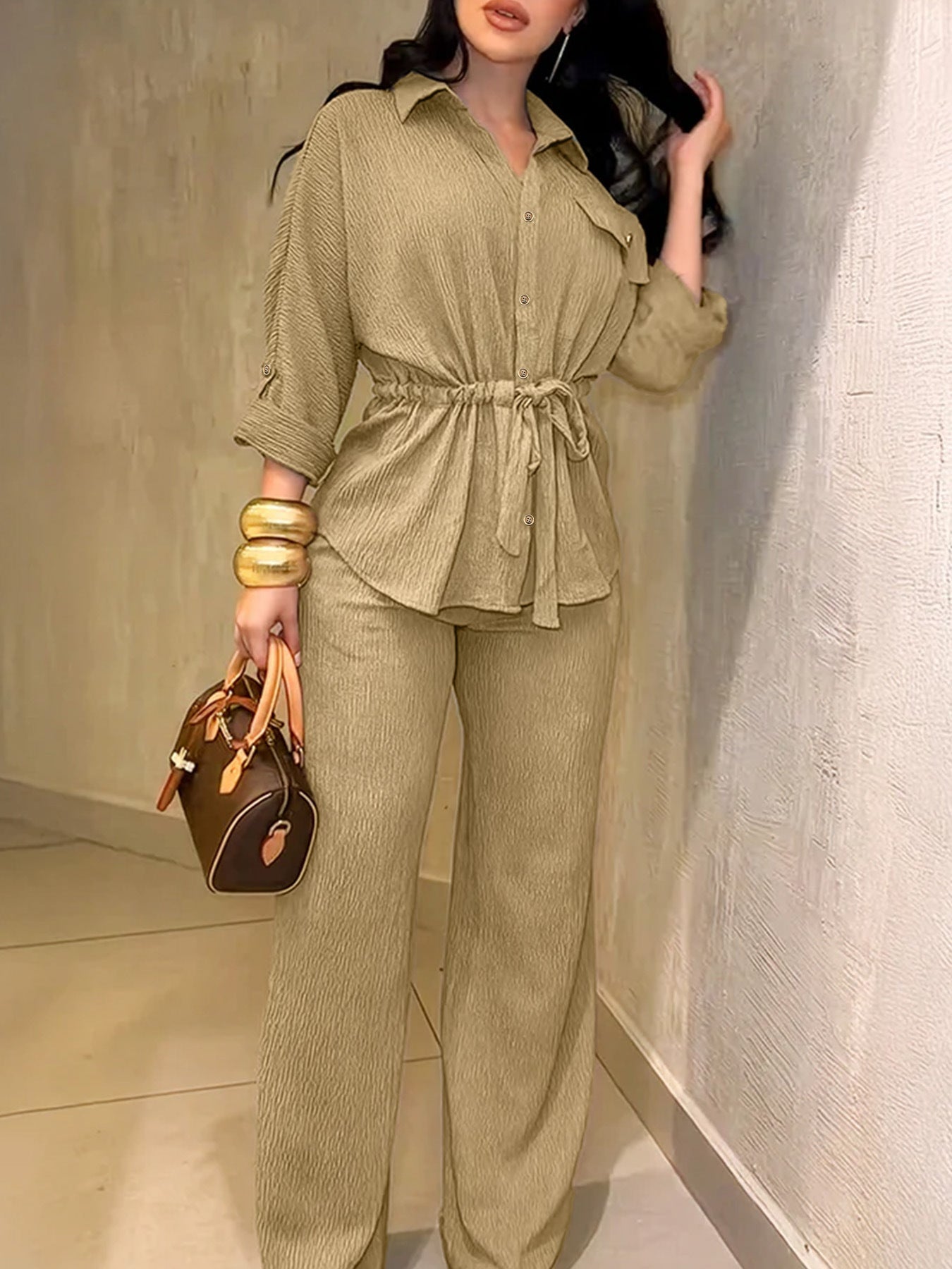 Women's Collared Button Down Shirt Wide Leg Pants 2PC Set