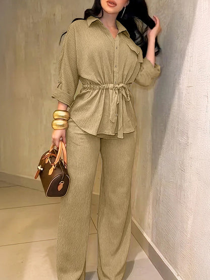 Women's Collared Button Down Shirt Wide Leg Pants 2PC Set