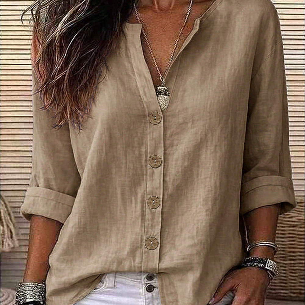 Women's V-Neck Button Front Relaxed Roll-Sleeve Blouse