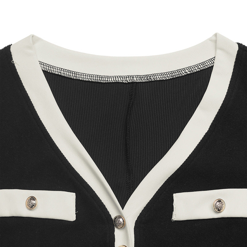 Contrast Trim V Neck Tie Waist Knit Midi Dress