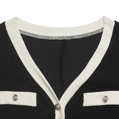 Contrast Trim V Neck Tie Waist Knit Midi Dress