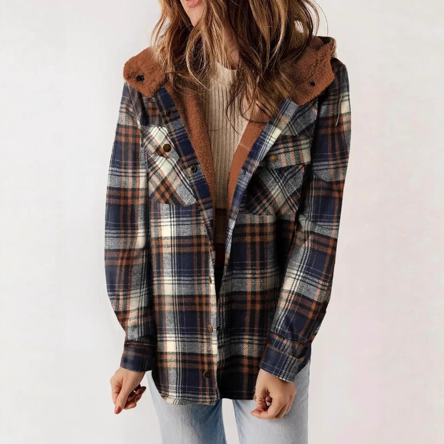 Women's Plaid Hooded Fleece Lined Shacket with Pockets
