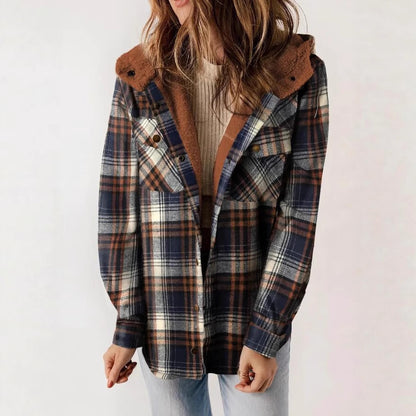 Women's Plaid Hooded Fleece Lined Shacket with Pockets