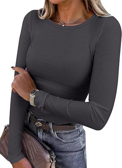 Women's Stretch Ribbed Long Sleeve Crew Neck Fitted Top