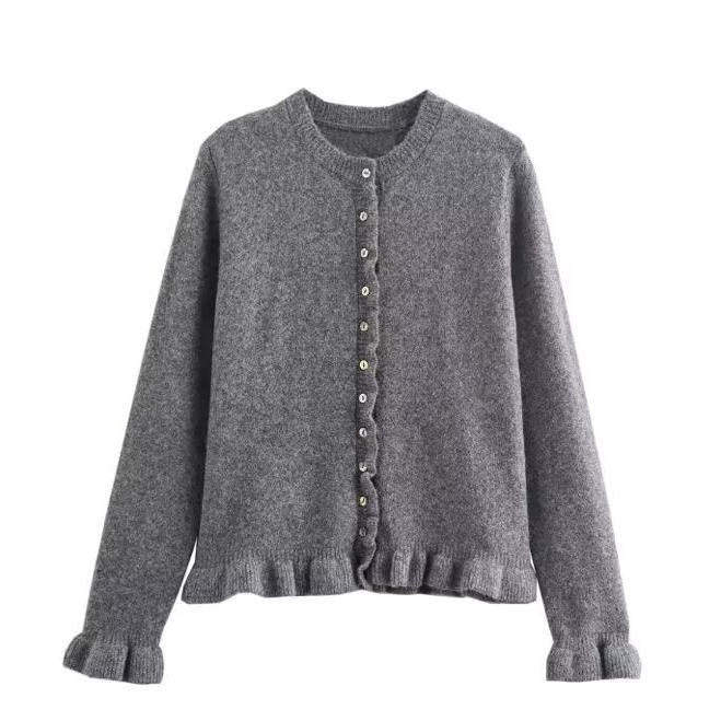 Ruffle Trim Button Front Long Sleeve Cardigan