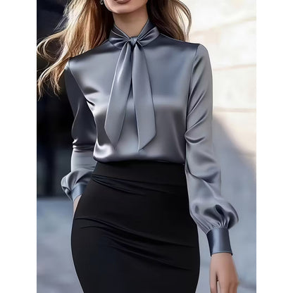 Women Satin Tie Neck Long Sleeve Blouse Elegant