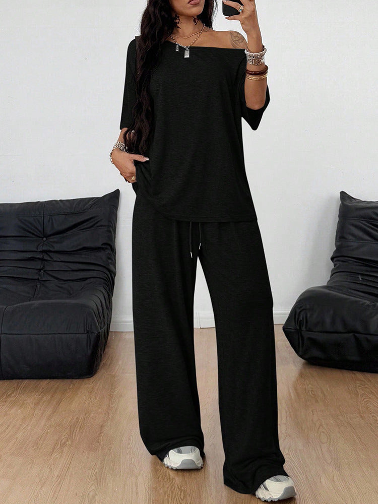 Women Off Shoulder Wide Leg Pants Casual Two Piece Set