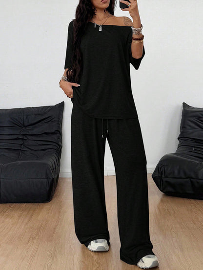 Women Off Shoulder Wide Leg Pants Casual Two Piece Set