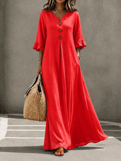 Women's V-Neck Boho Maxi Dress Ruffle Sleeve with Pockets