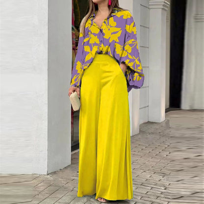 Women's Printed Blouse Wide Leg Pant 2 Piece Set