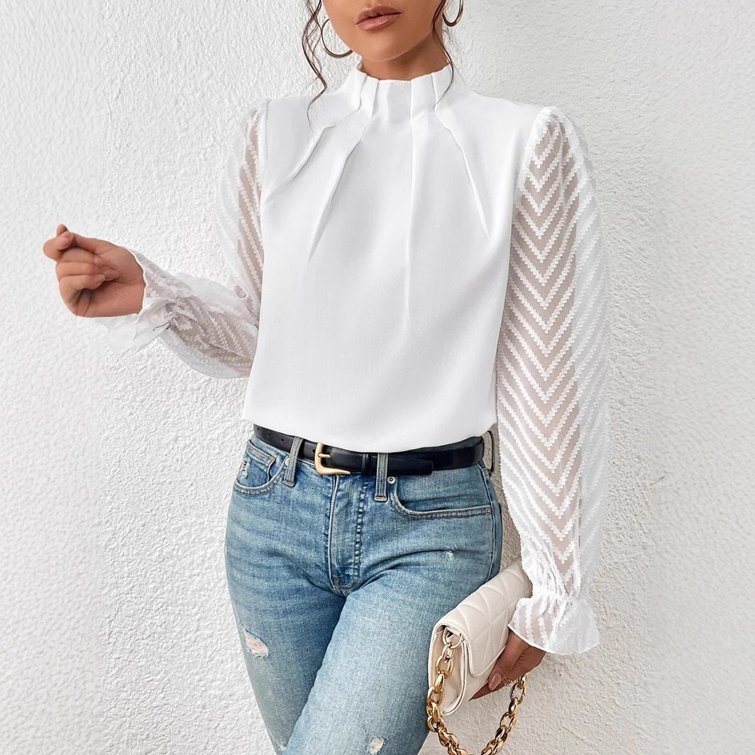 Mock Neck Chiffon Blouse Lace Sleeve Elegant Work Top