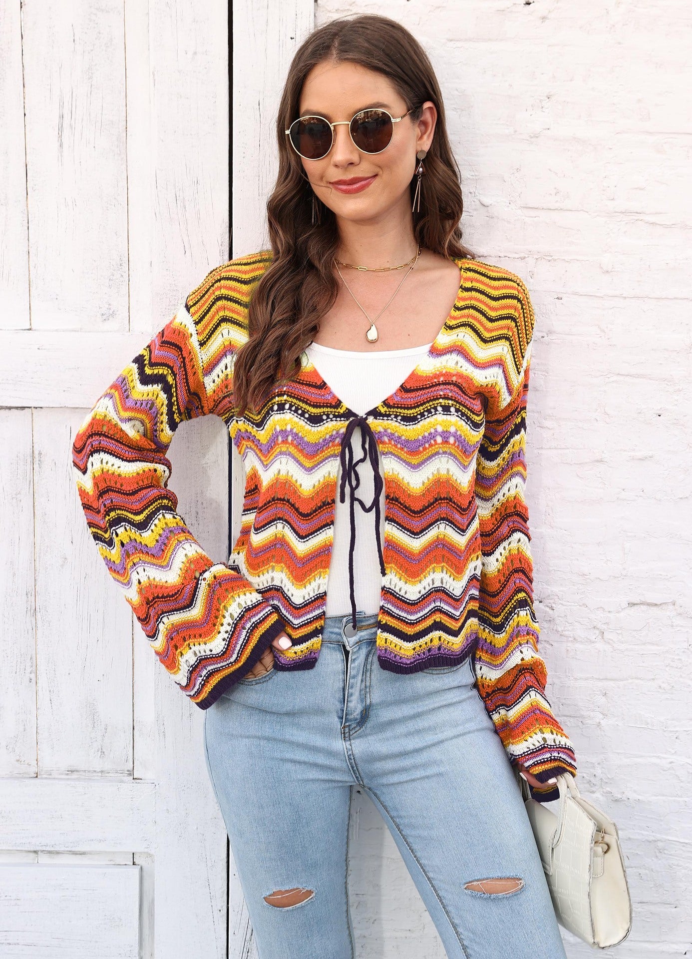 Rainbow Splicing Striped Strap Sweater Jacket