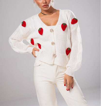 3D Strawberry V-Neck Oversized Knit Cardigan