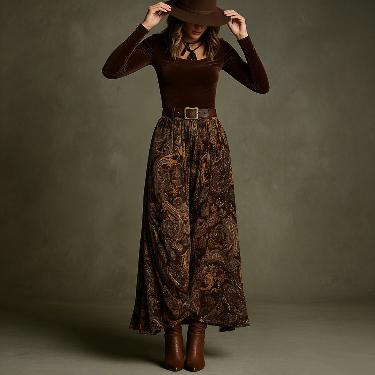Boho Floral Maxi Skirt Two Piece Set with Belt