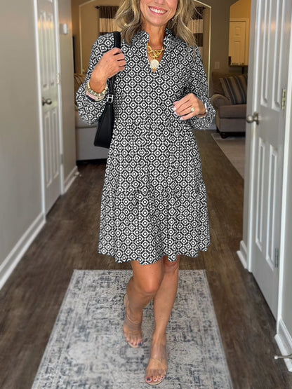 Women's Geometric V-Neck Midi Dress 3/4 Sleeve Flowy Casual