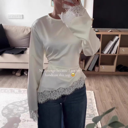 Women's Lace Hem Long Sleeve Fitted Casual Top