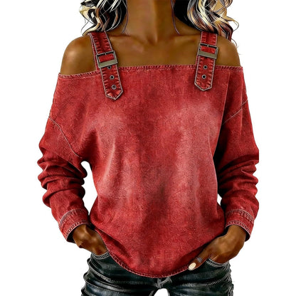 Women's Off Shoulder Denim Buckle Strap Long Sleeve Top
