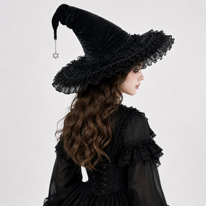 Gothic Velvet Witch Hat with Lace Brim and Satin Bow