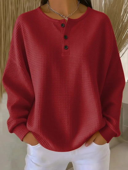 Women's Oversized Waffle Knit Henley Long Sleeve Top
